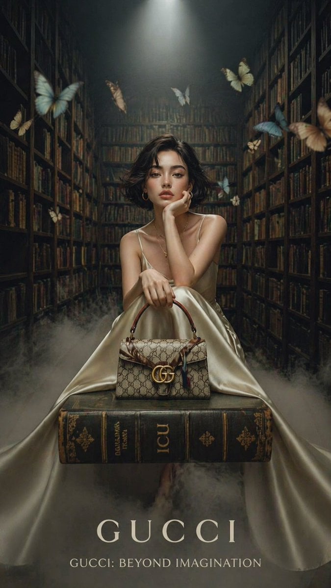 A cinematic luxury fashion editorial set inside a grand vintage library with tall wooden bookshelves, soft fo…