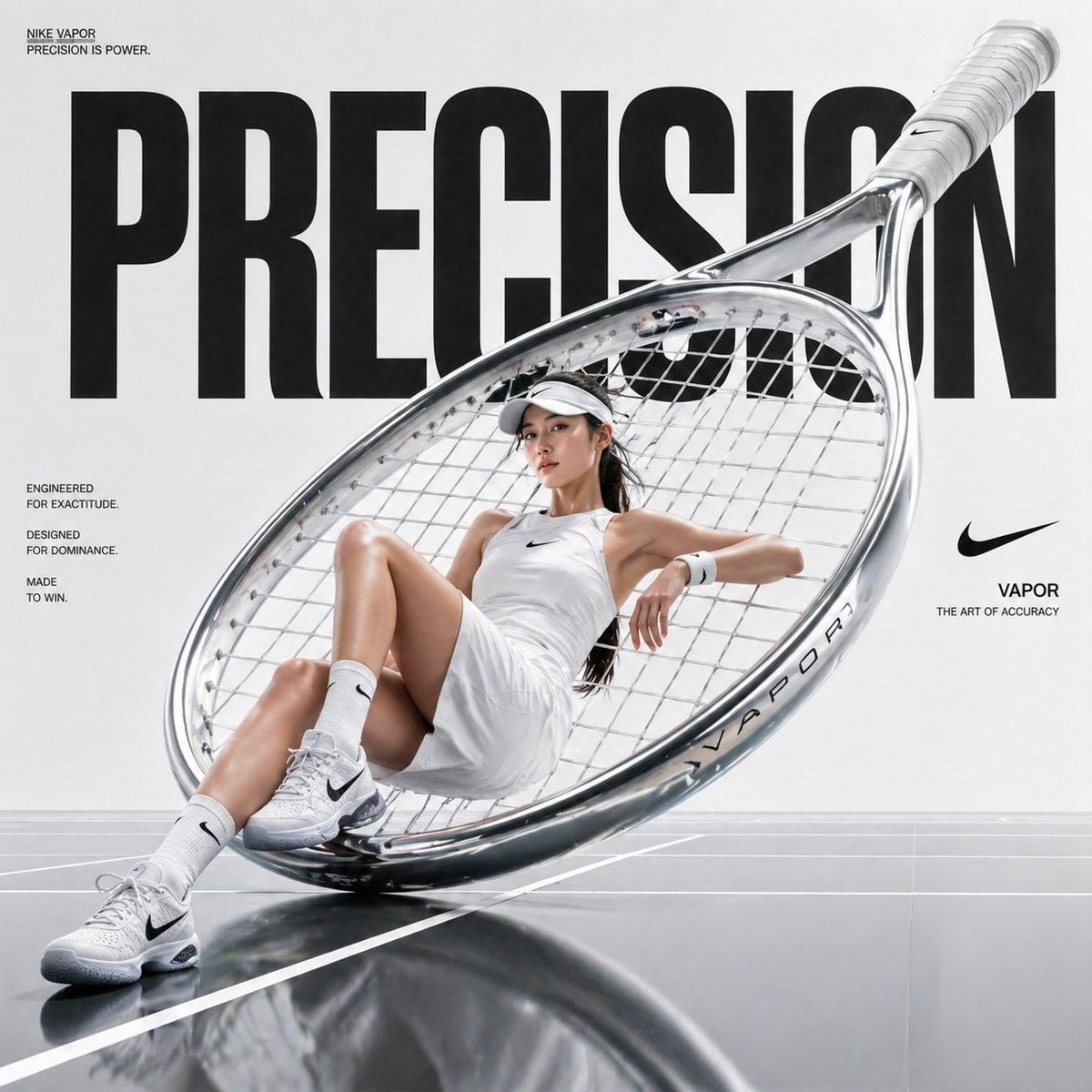 Avant-garde sports fashion advertisement, oversized tennis racket positioned like monumental sculpture, femal…