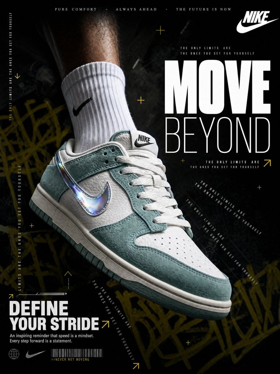 A hyperrealistic Nike sneaker advertisement shot in a dark, moody edi…