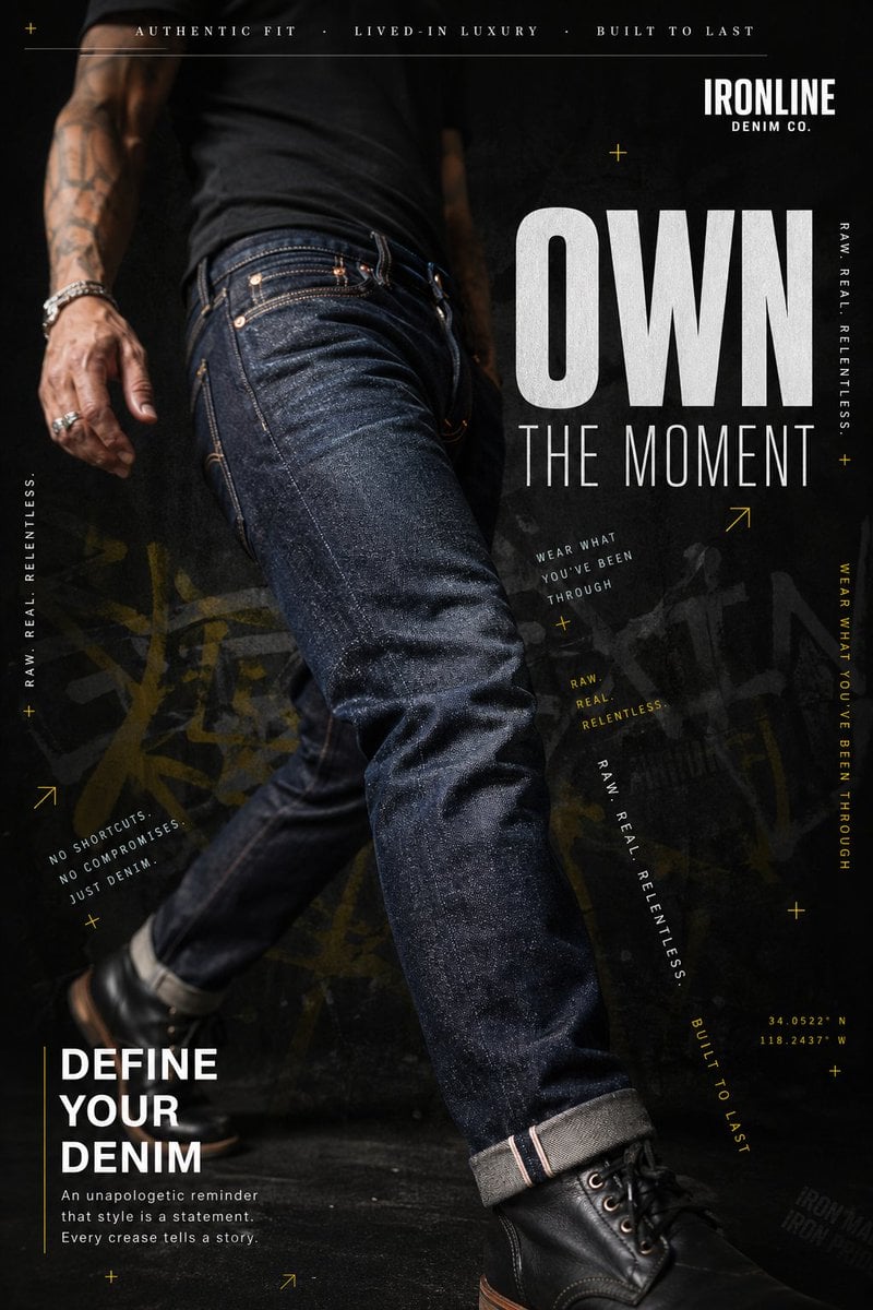 A hyperrealistic premium denim advertisement shot in a dark, moody editorial style. A male figure wearing raw…