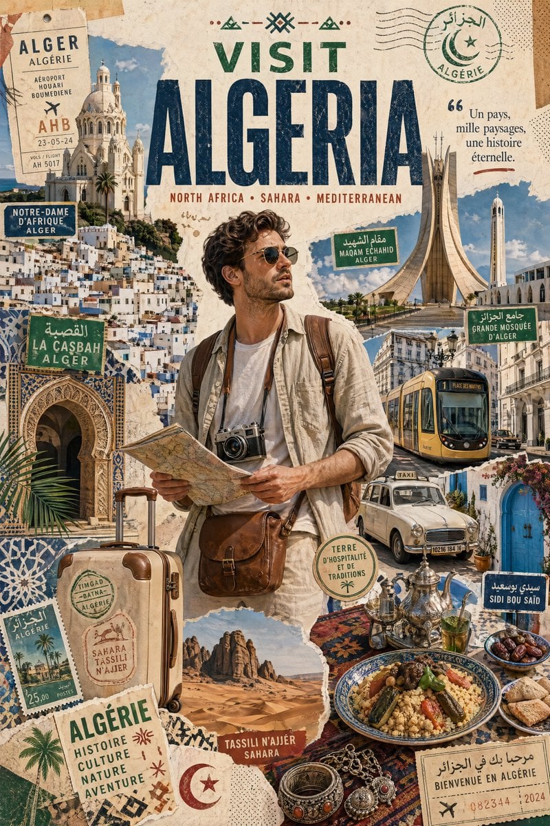 Create a stylized travel poster / graphic collage for [ALGERIA]. The main subject should be a stylish interna…