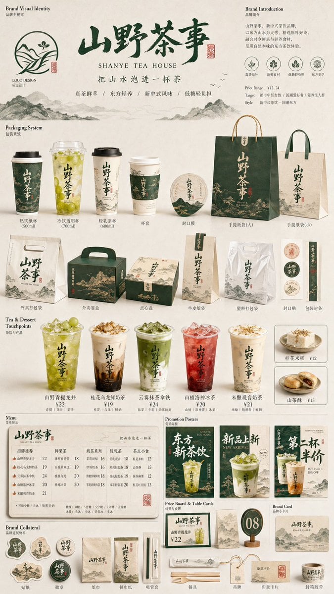 生成一张[餐饮品牌触点矩阵]系列视觉图，用于展示一个完整的餐饮品牌视觉系统与包装应用方案。 这是一个面向餐饮行业的品牌VI样机展示板 /…