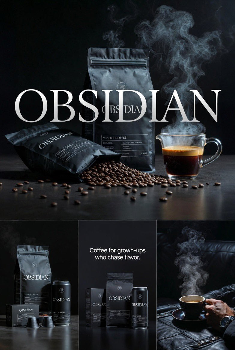 Create four connected premium realistic editorial images for OBSIDIAN…