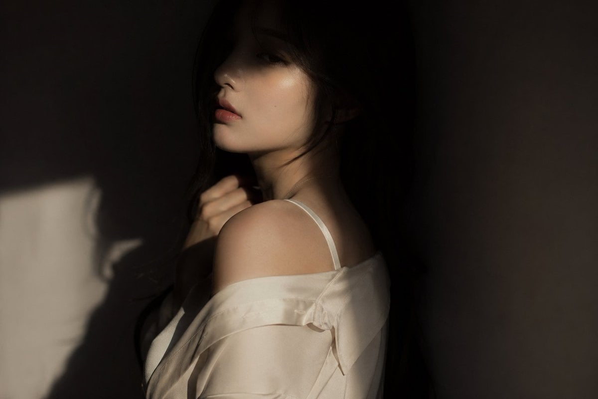 editorial portrait, Korean female idol, subtly sensual outfit: silk s…