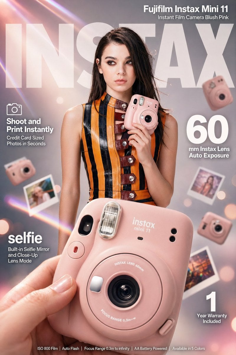 High-impact e-commerce infographic advertisement for "Fujifilm Instax…