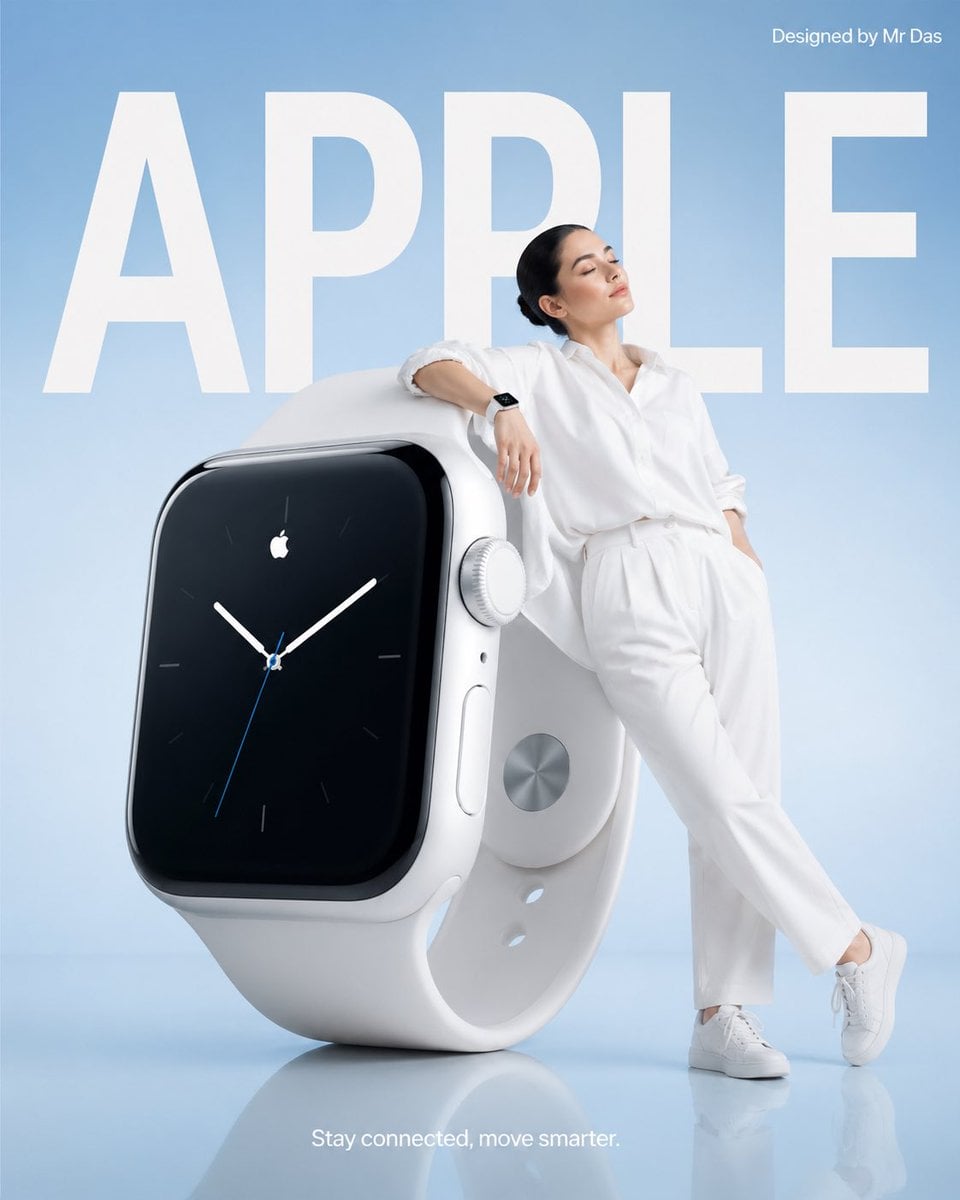 Minimalist commercial ad featuring oversized white smartwatch, ultra-…