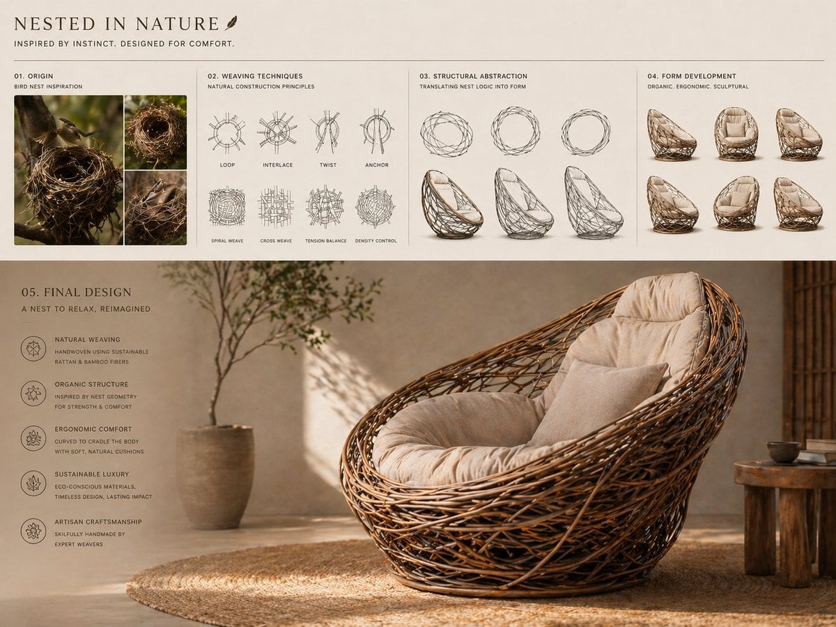 Conceptual transformation, bird nest construction techniques shaping…