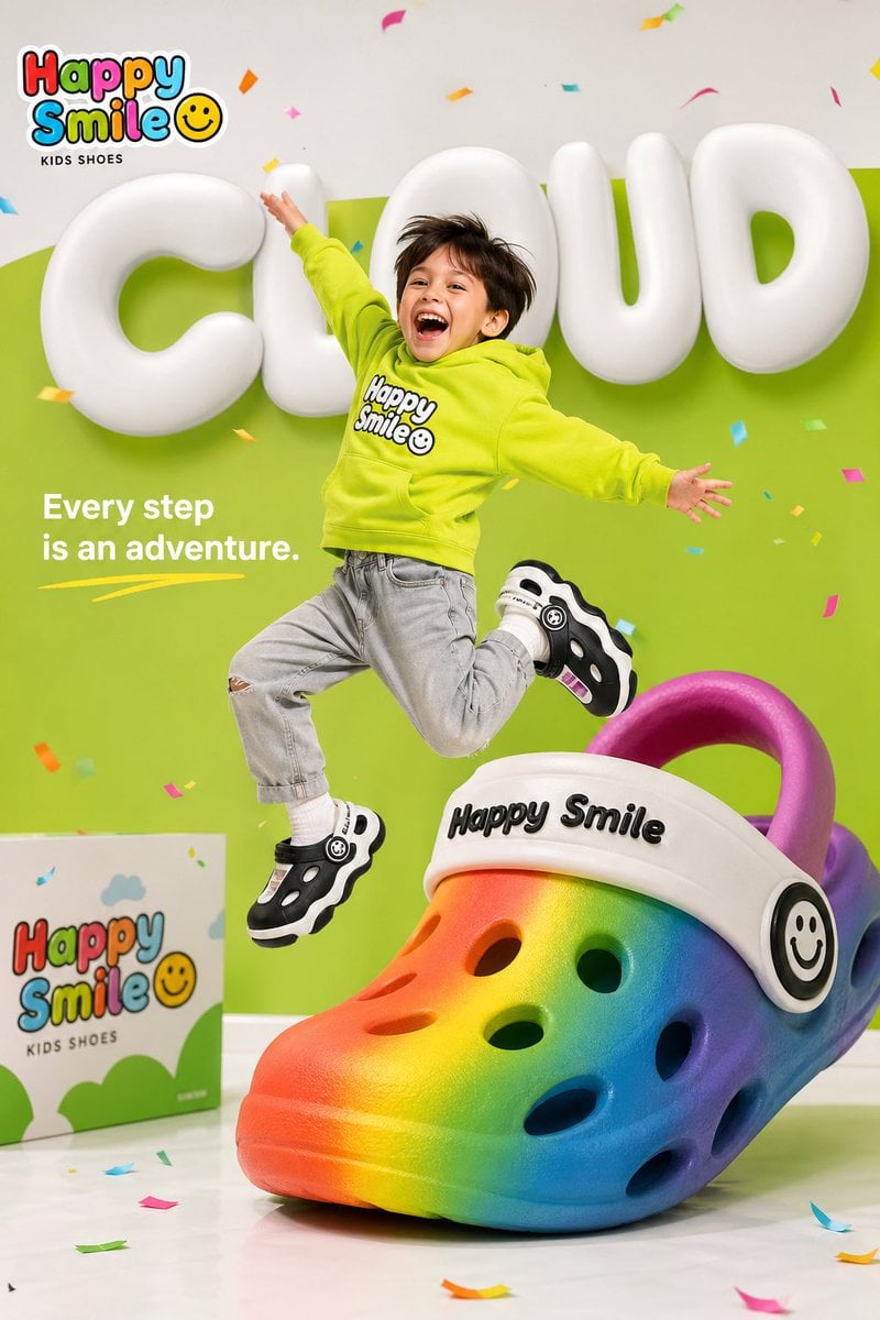 Bright colorful children's shoe brand advertisement for "Happy Smile☺…