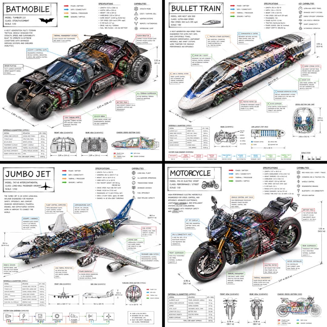 Create a technical infographic of [VEHICLE] with a 45-degree isometri…
