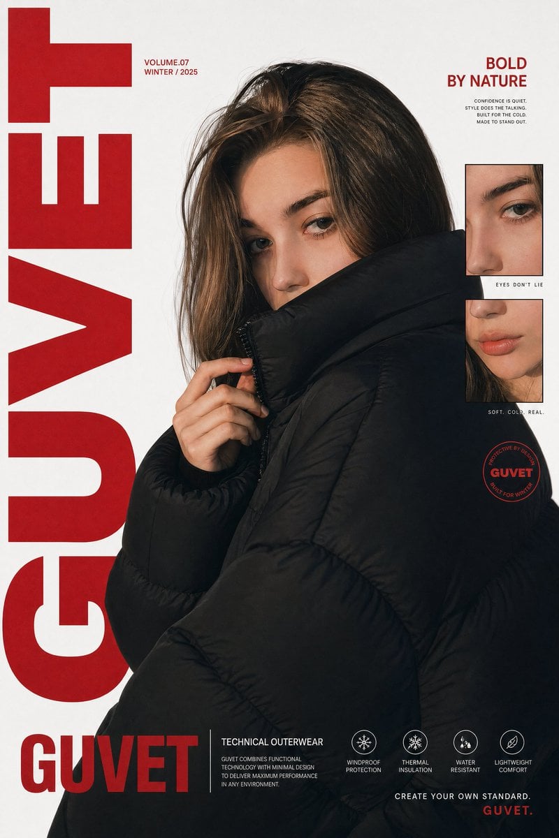 A bold fashion editorial poster featuring a young woman model in a close-up half-body portrait, wrapped in an…