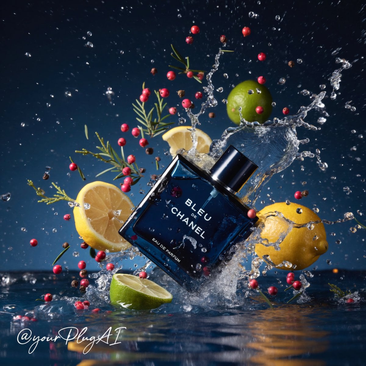 Create a hyper-realistic cinematic luxury perfume product photograph…