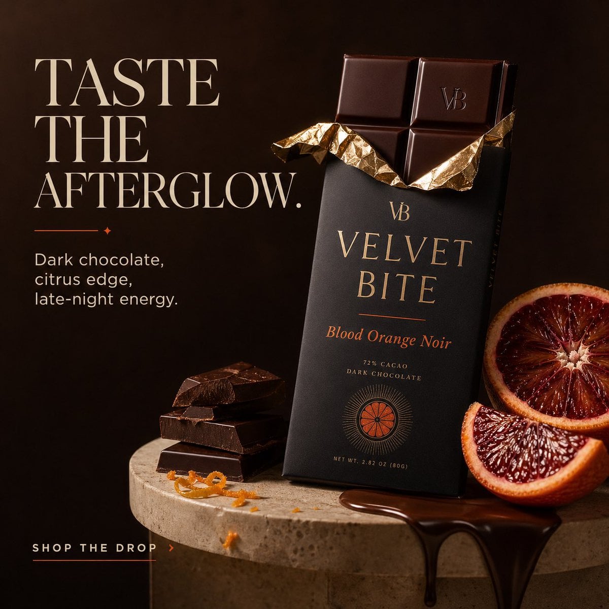 Create a premium ad for a fictional luxury chocolate brand called Vel…