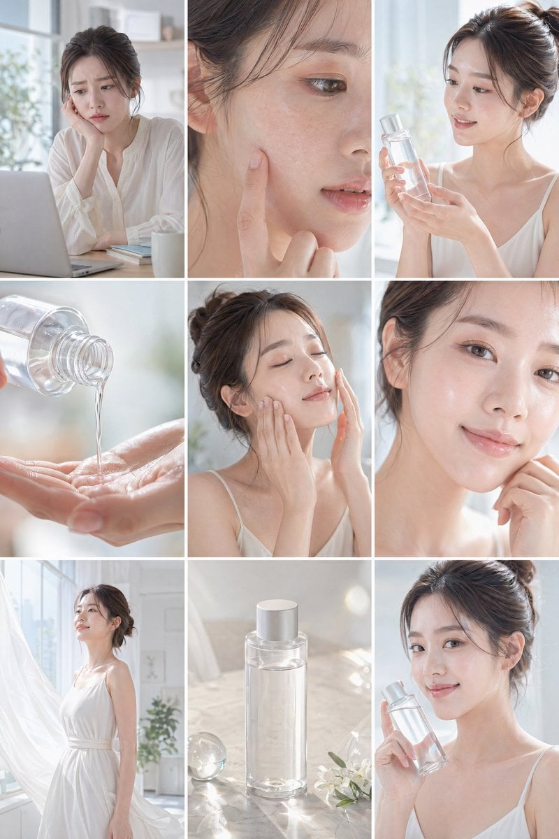 Create a clean, bright skincare commercial storyboard in a 16:9 layout with 9 panels. Use soft natural lighti…