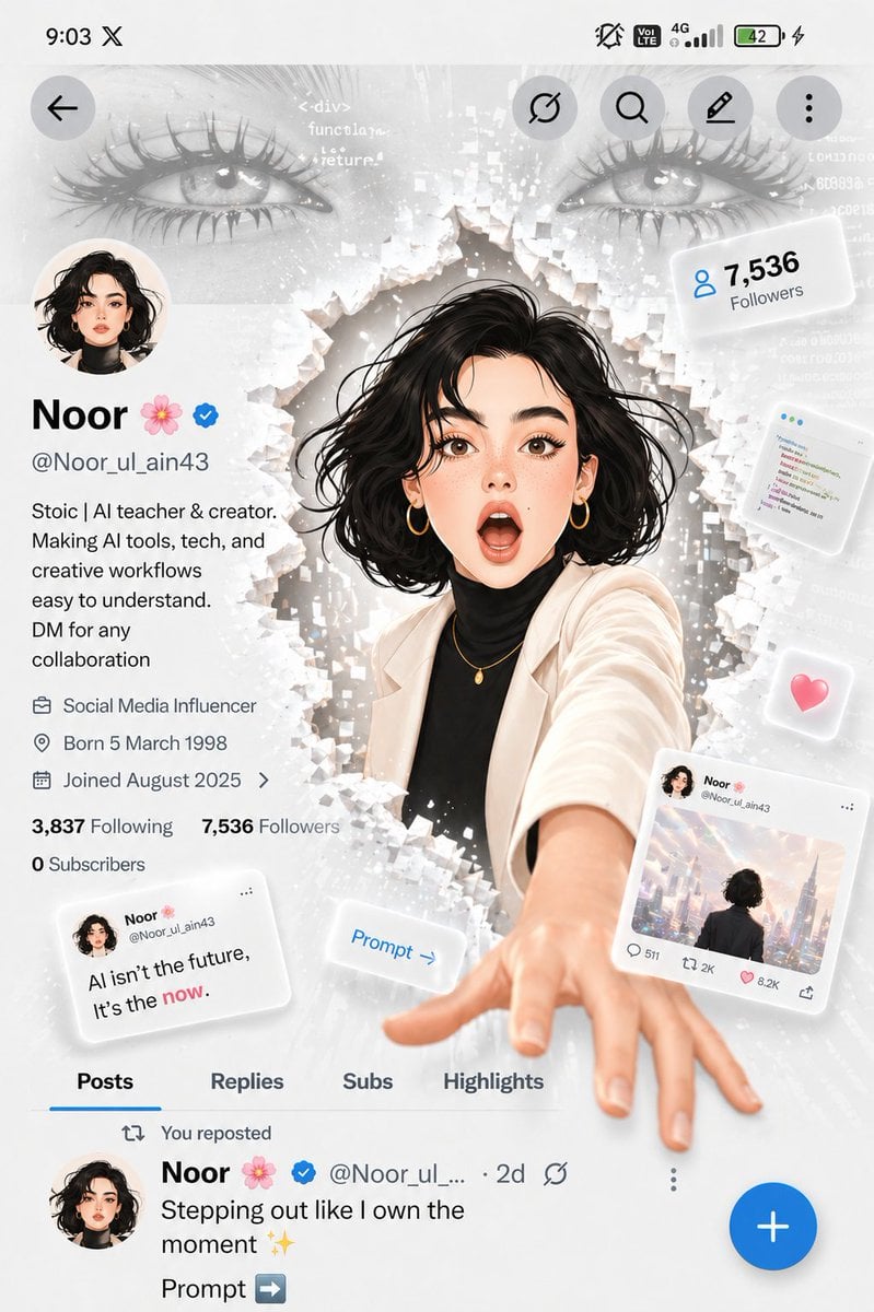 A futuristic social media profile UI in a clean white minimal aesthetic, inspired by modern app interfaces. I…