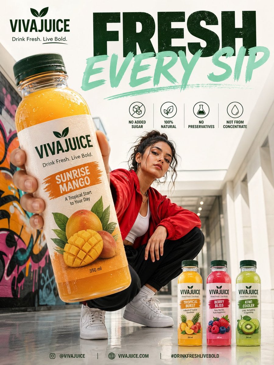 Create a premium modern beverage advertisement poster in a vertical 3:4 format featuring a stylish young fema…