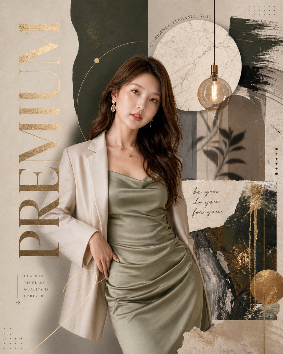Luxury fashion editorial poster, premium magazine collage style, eart…