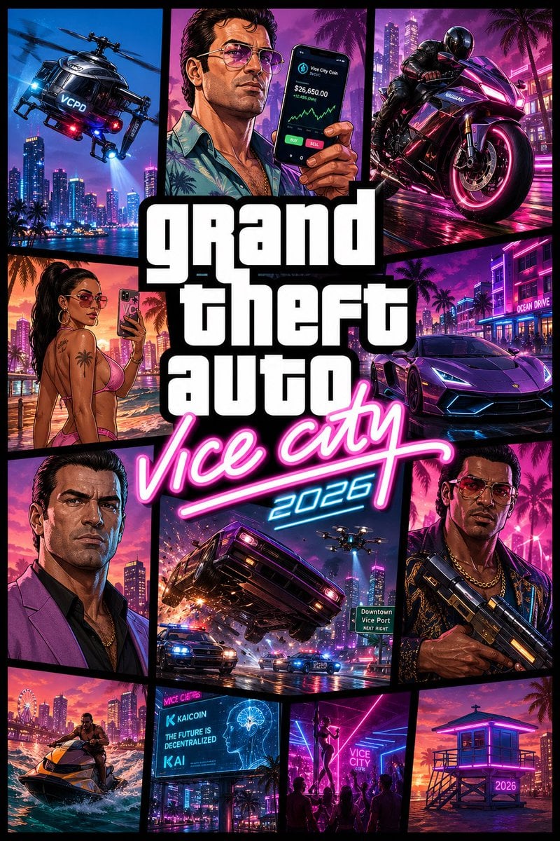 Create a stylized AAA video game key art poster. CONCEPT: “Vice City…