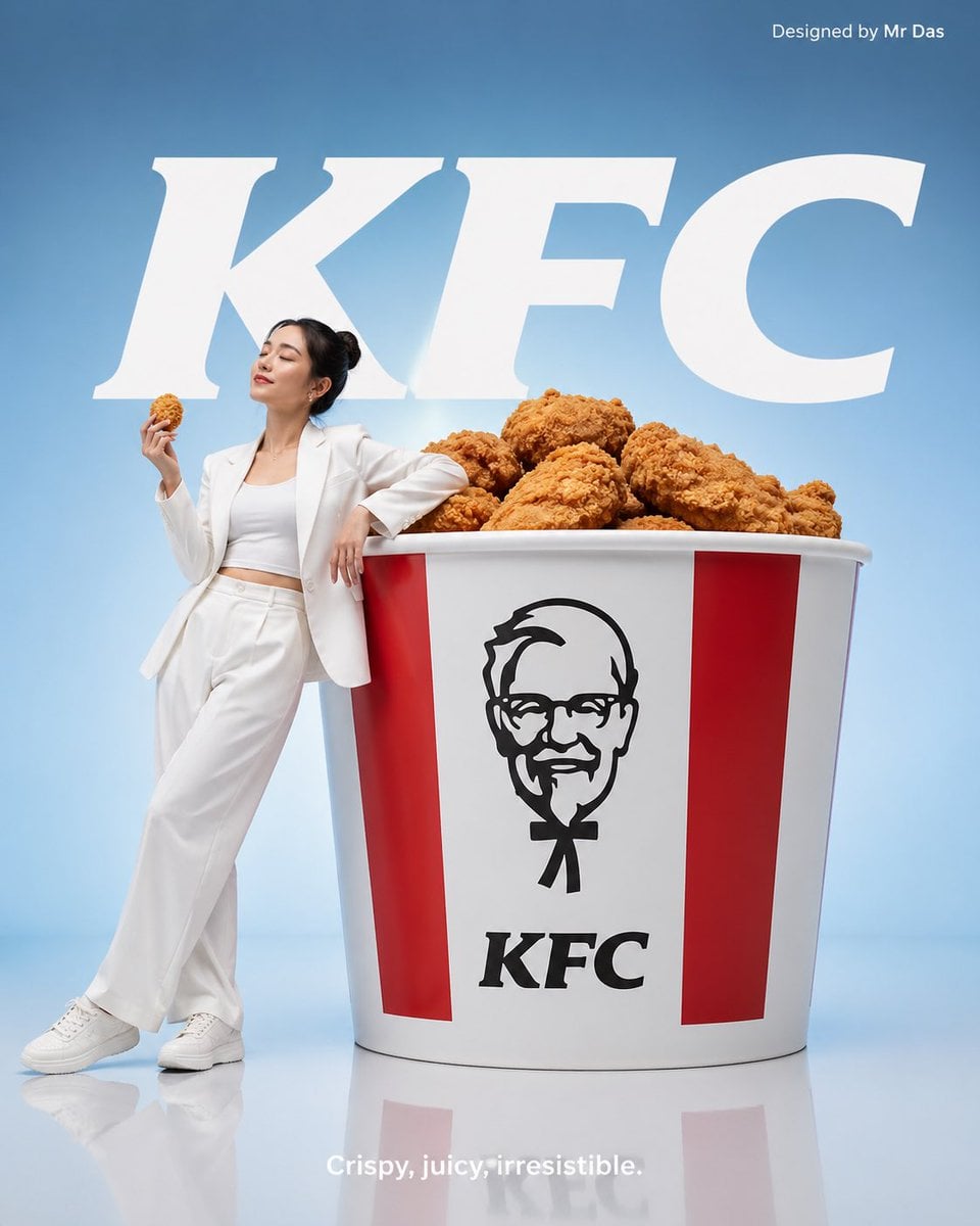 Minimalist commercial ad featuring oversized KFC bucket, ultra-clean…
