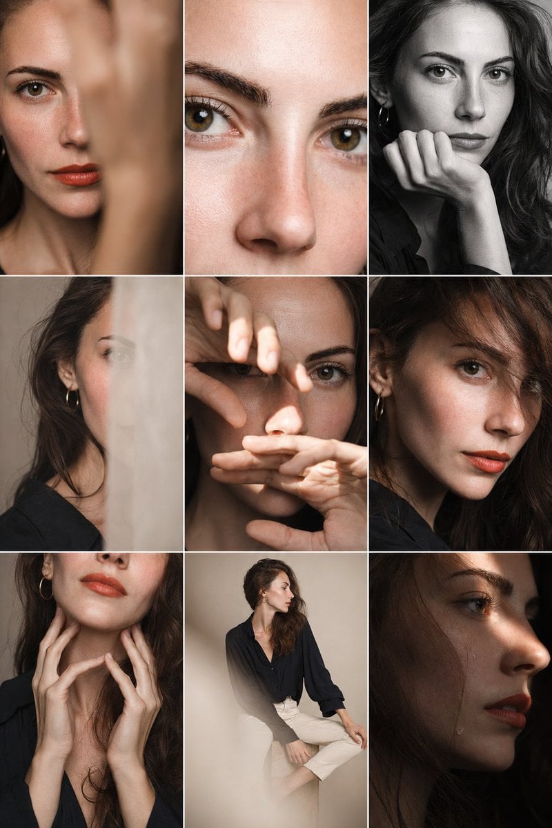 Editorial 3x3 photo grid in a clean soft beige studio. Character (matches reference 100%) wearing lightweight…