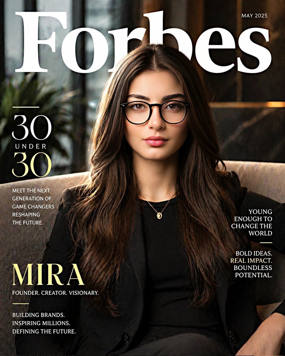 Create a hyper-realistic Forbes “30 Under 30” magazine-style portrait…
