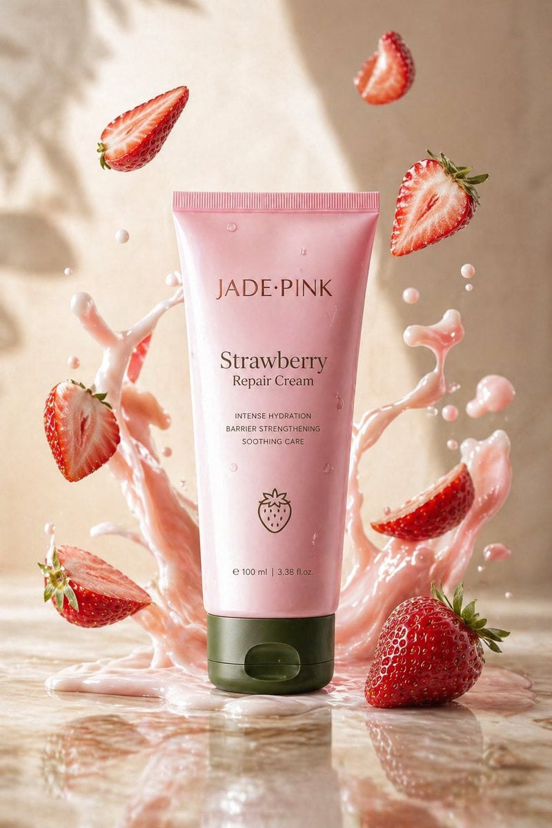 A sleek jade-pink tube labeled "Strawberry Repair Cream" upright on g…