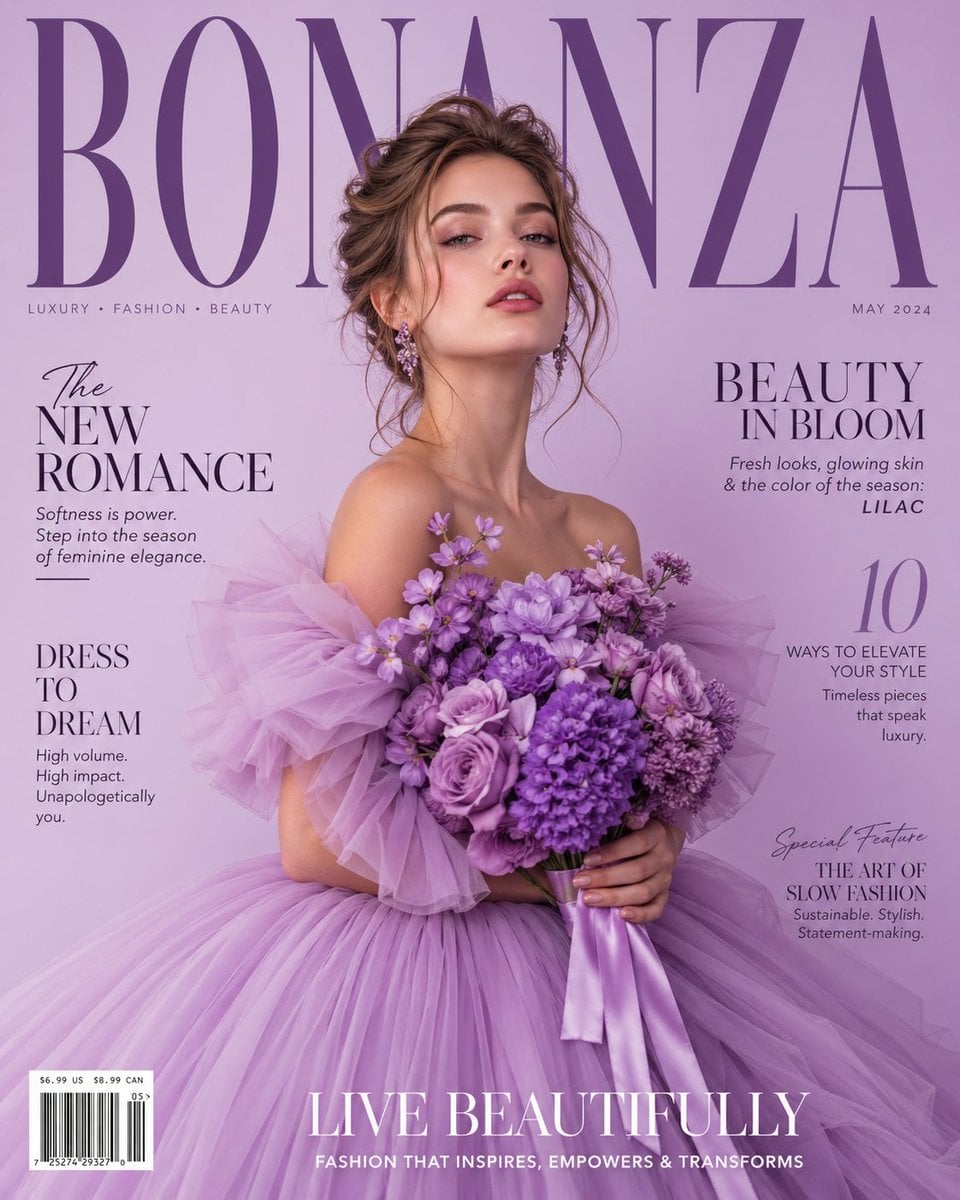 A luxury high-fashion magazine cover in a soft light purple (lavender…