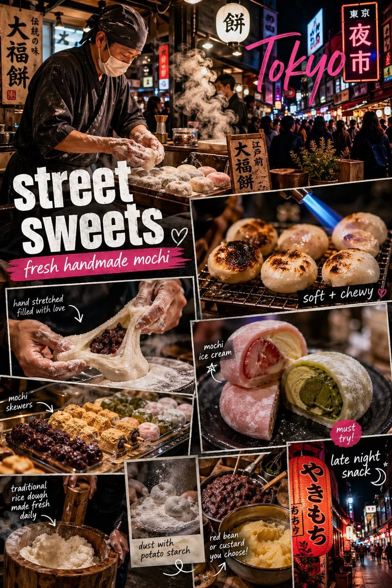 A vibrant Tokyo street food scene focused on Japanese mochi desserts,…