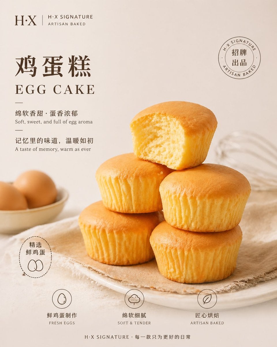 基础信息 品牌名称：[如：H·X / 麦香坊 / BAKE LAB] 品牌标签：[如：H·X SIGNATURE / 招牌出品 / ARTISAN BAKED] 画面规格 画面比例：9比16竖版 / 3比4 / 1比1…