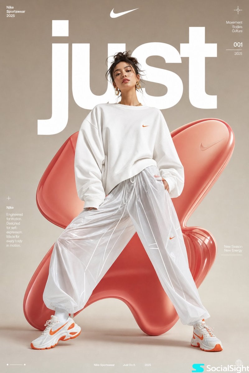 High-fashion futuristic sportswear editorial poster, full-body female model in dynamic wide-leg stance, overs…