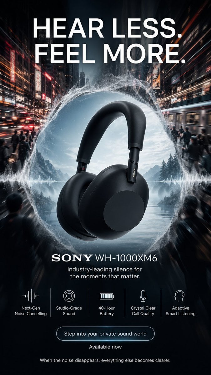 Create a high-end 9:16 vertical advertising poster for "SONY WH-1000X…