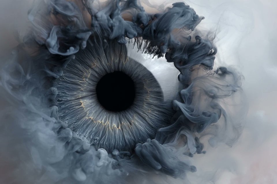 A [subject] emerges from swirling liquid plumes suspended in milky water, shaped by flowing ink diffusion and…