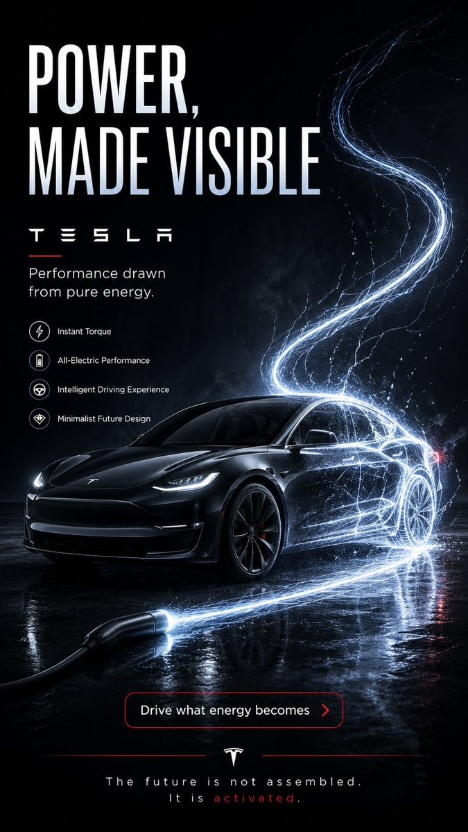 Create a brilliant 9:16 vertical advertising poster for Tesla. The co…