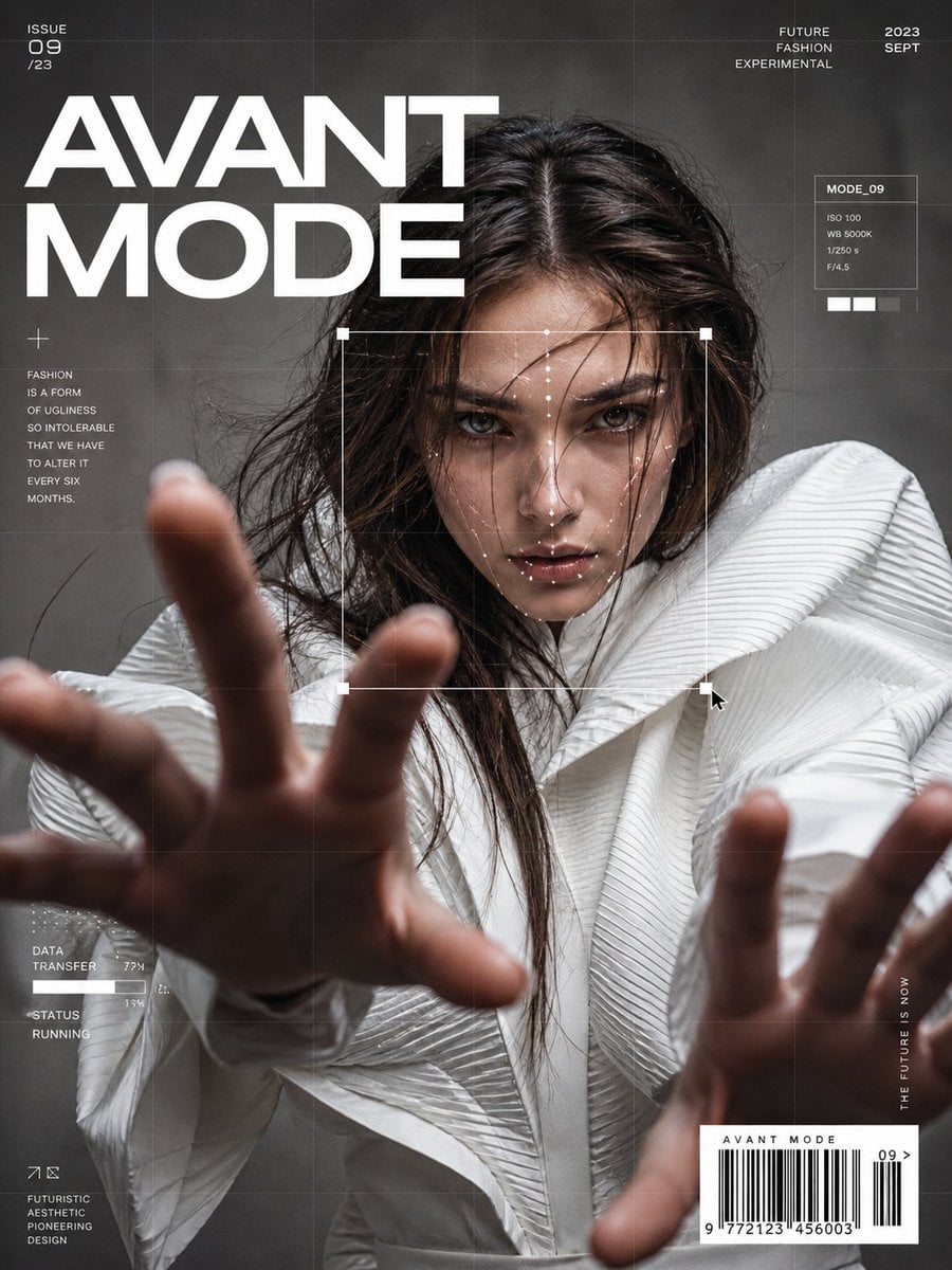 Ultra-realistic fashion editorial portrait of a confident woman in avant-garde white couture with dramatic st…