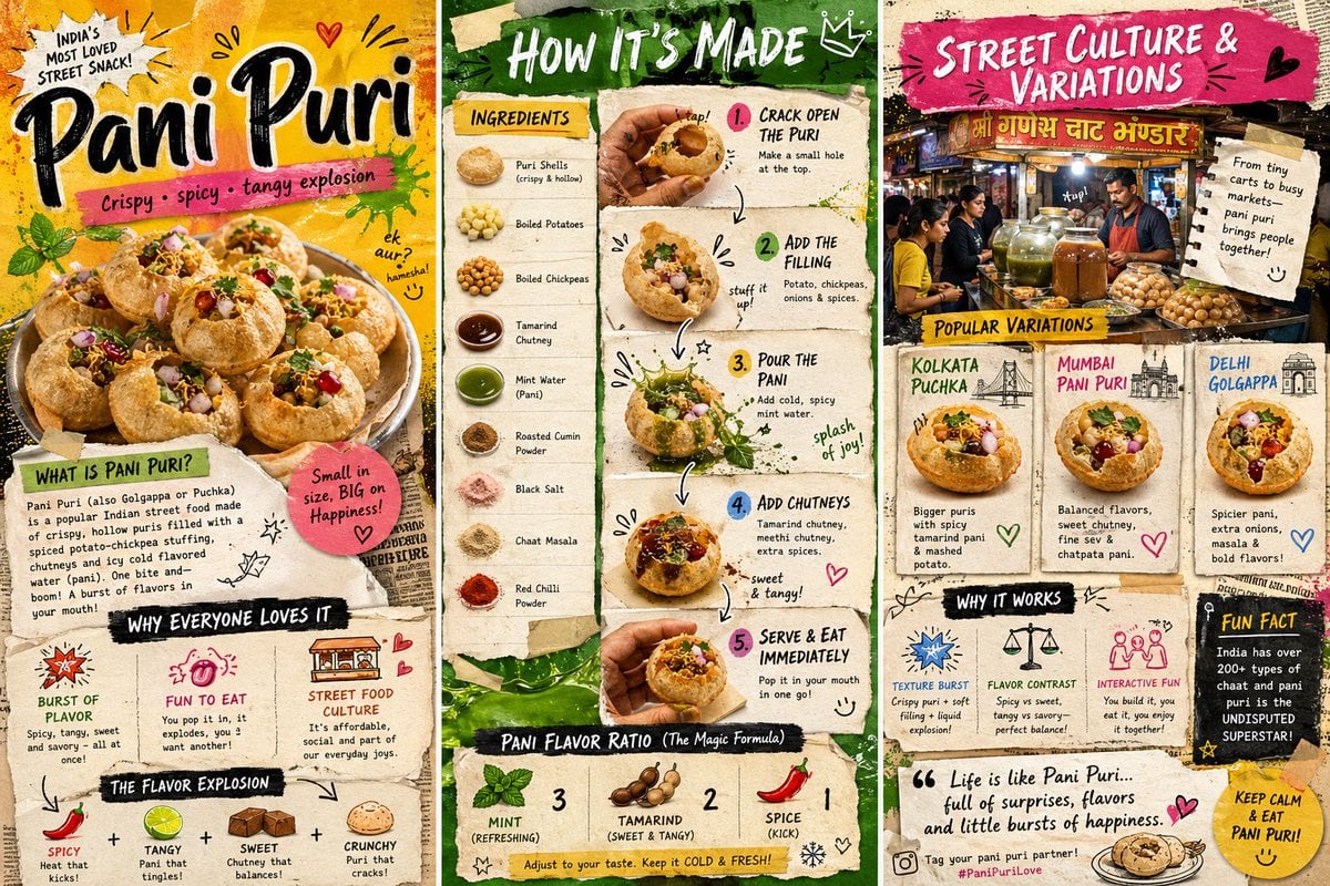 Create a vibrant, colorful 3-page zine-style infographic about a trendy Indian street food: “Pani Puri (Golga…
