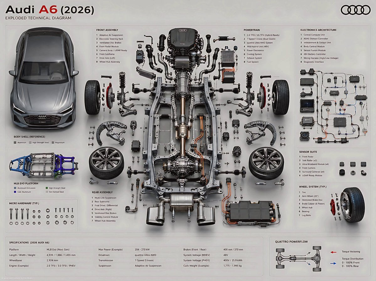Create an ultra-high fidelity exploded technical diagram of a 2026 Au…