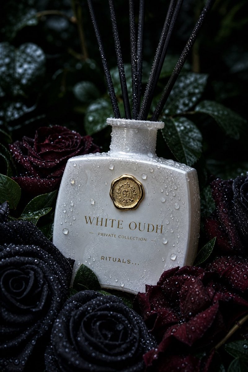 Ultra-realistic luxury product photography of a white creamy glass reed diffuser bottle labeled “WHITE OUDH –…