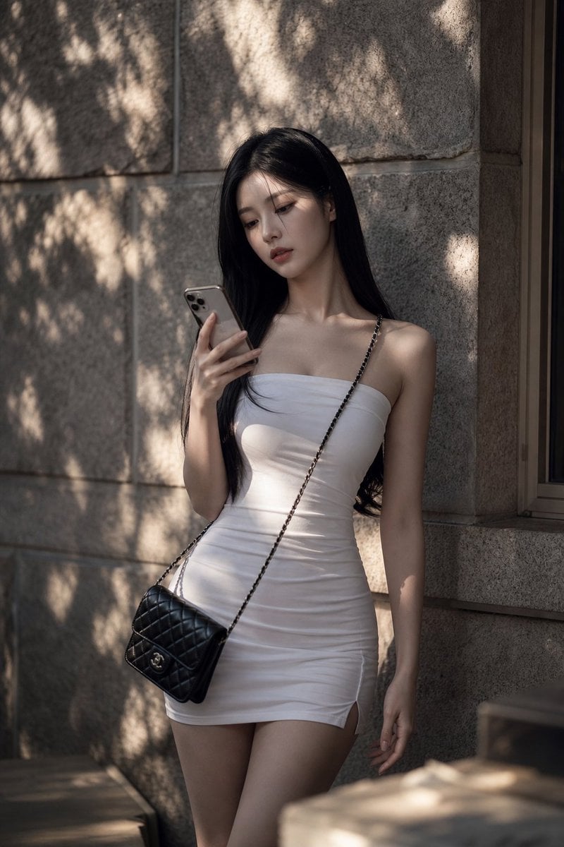 Realistic photography, portrait of a beautiful korean idol with long sleek straight black hair, a slim tall h…