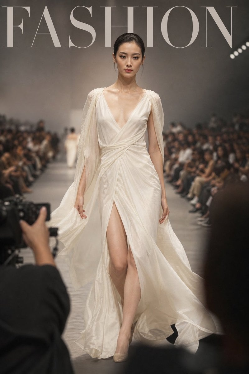Luxury high-fashion runway magazine cover, title "FASHION", an elegant model walking forward in a couture sho…