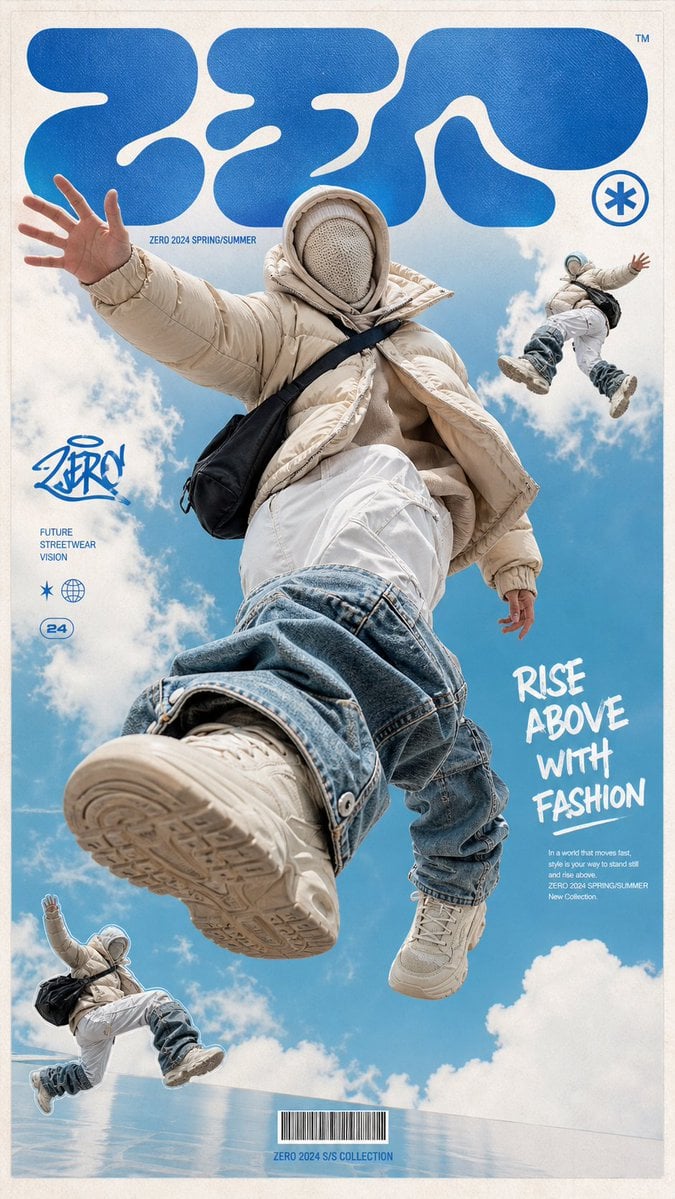 一张高端潮流街头服装海报，画面主体是一位无脸的未来感模特漂浮跳跃在天空中，穿着超大号米色羽绒服、层叠兜帽和针织面罩，面部被完全遮住；下身穿…