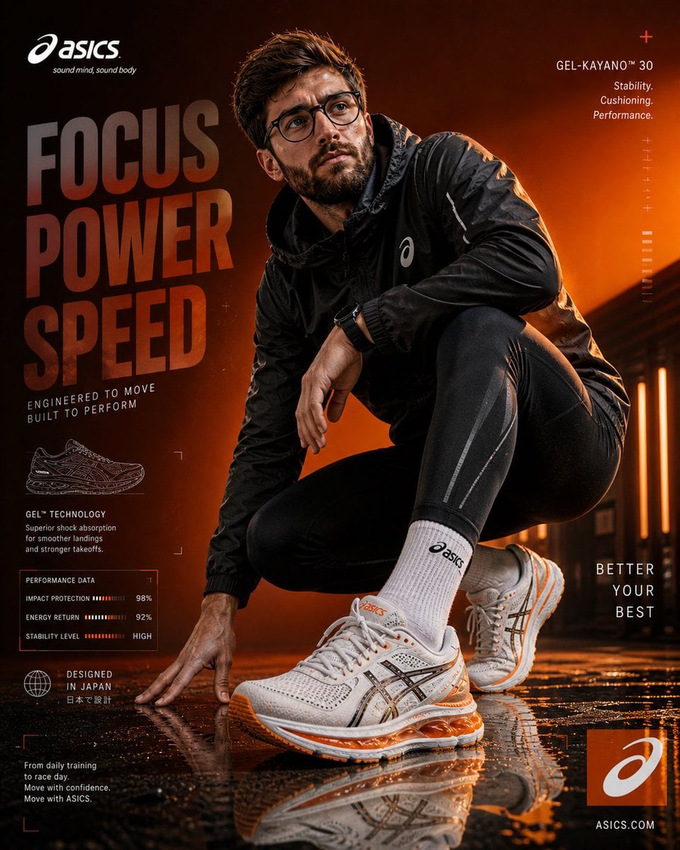 Create an ultra-high resolution (8K) premium ASICS sportswear adverti…