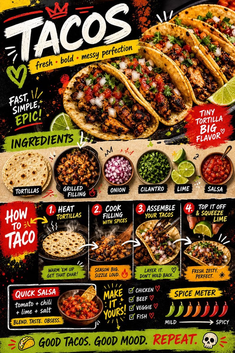 Create a bold, vibrant, street-style recipe card for “Tacos” designed…