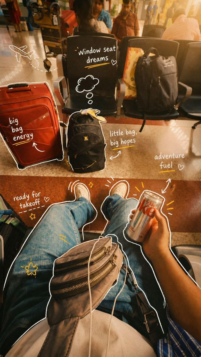 POV travel photography of a person sitting at an airport and inside a…