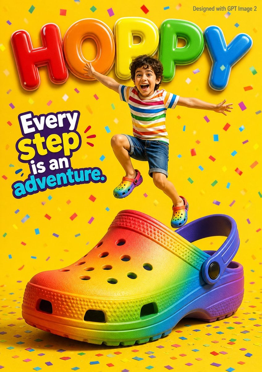 A vibrant children’s shoe advertisement poster featuring a joyful 7-year-old boy jumping energetically on top…