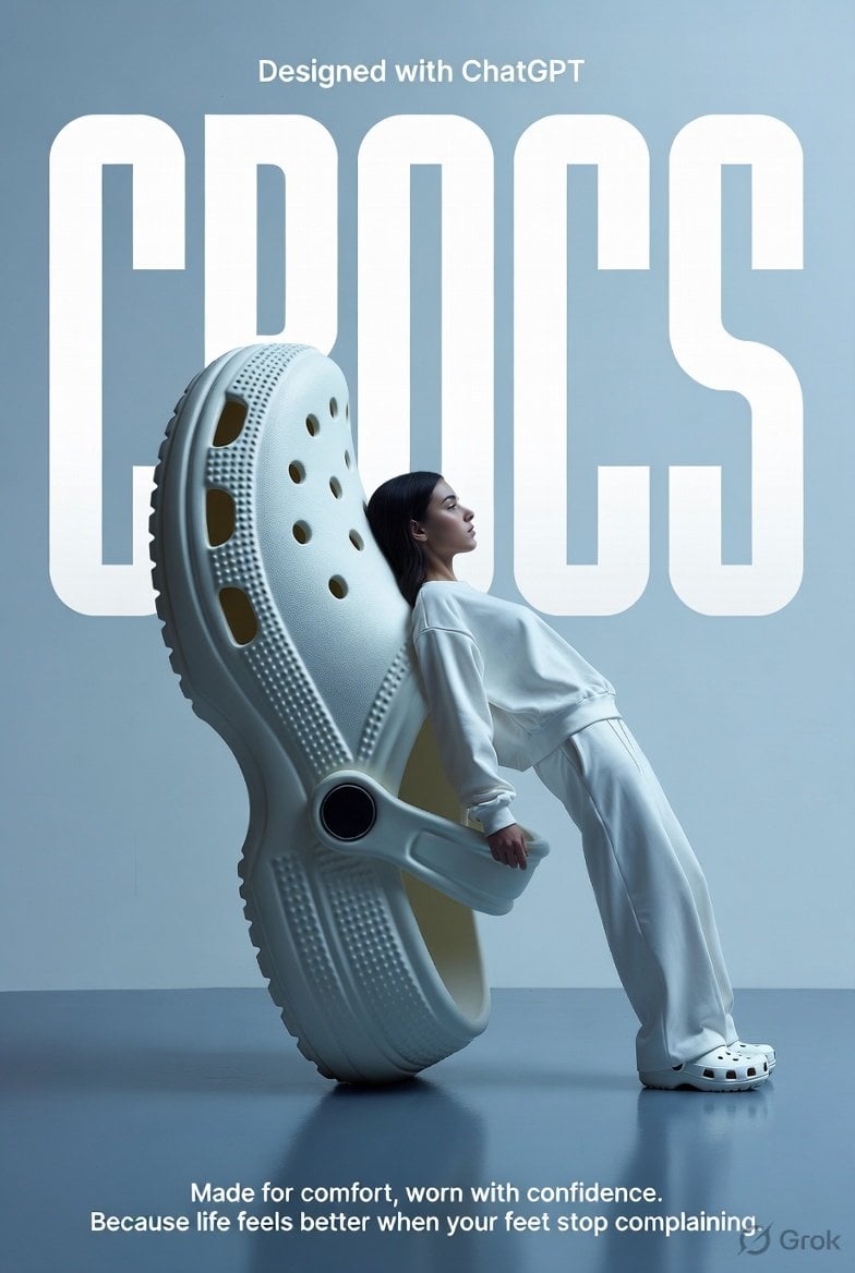 A high-fashion surrealist advertising poster for Crocs. The scene is…