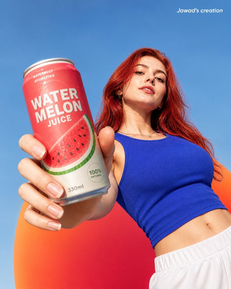 A highly realistic low-angle shot of a confident young woman with long, vibrant red hair, holding a watermelo…