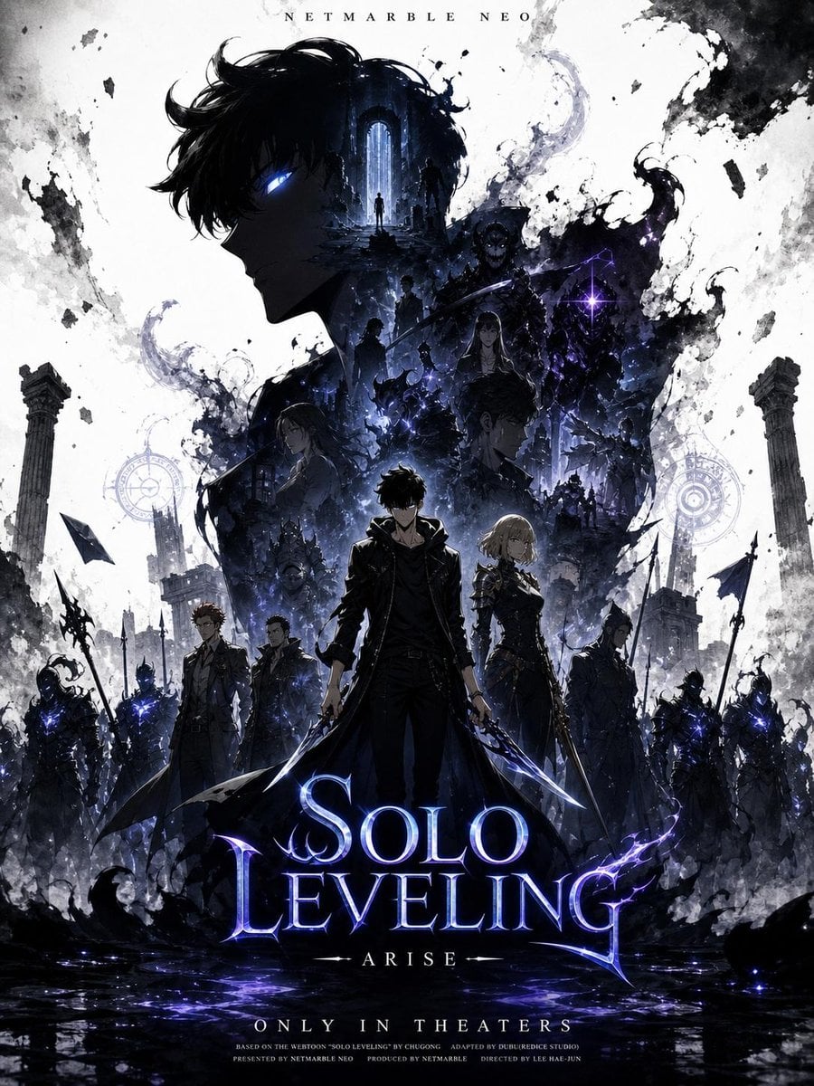 Create a promotional poster of a SOLO LEVELING-themed character with…