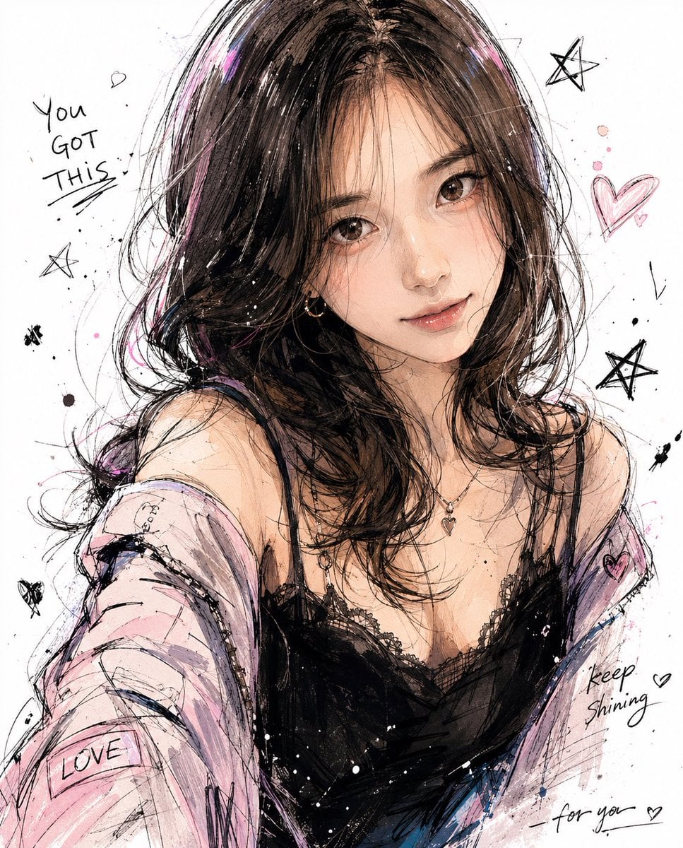 创作一幅你想象中“我的”插图： 韩风插图，拥有鲜明且难忘的角色设计，自然且富有表现力的面部情感，半身构图，以及动态姿势。服装应具有复杂而精…