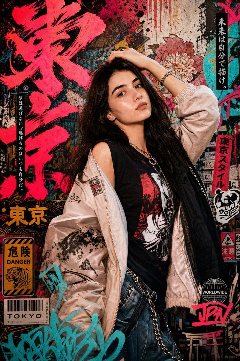 Create a high-detail portrait poster in a bold Japanese graffiti-inspired art style, combining modern urban s…