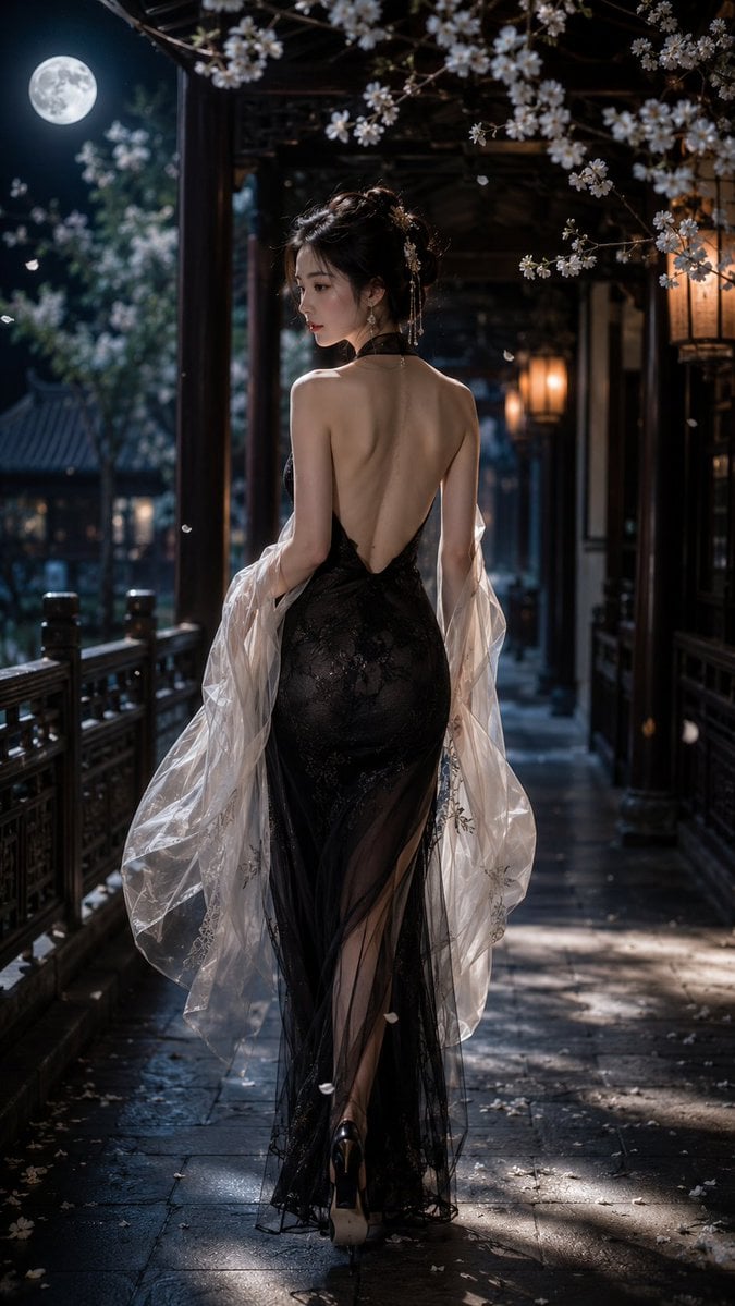 一位成年东方女性，9:16 竖版构图，写实风格，全身偏背面人像，人物行走在一条古典中式回廊之中，画面从后方略低机位捕捉她的身影，人物为绝对…