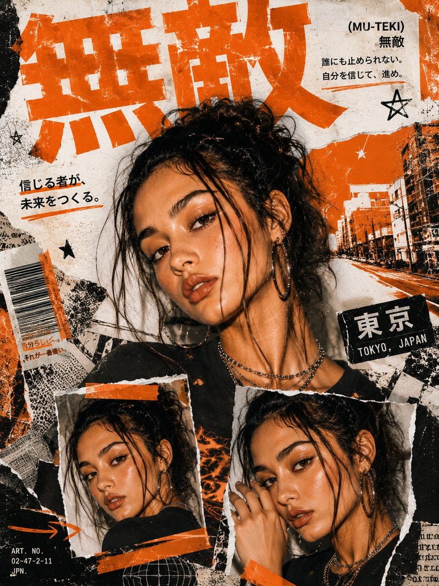 Create a bold Y2K Japanese street-editorial collage poster with a clean high-fashion magazine aesthetic, grit…